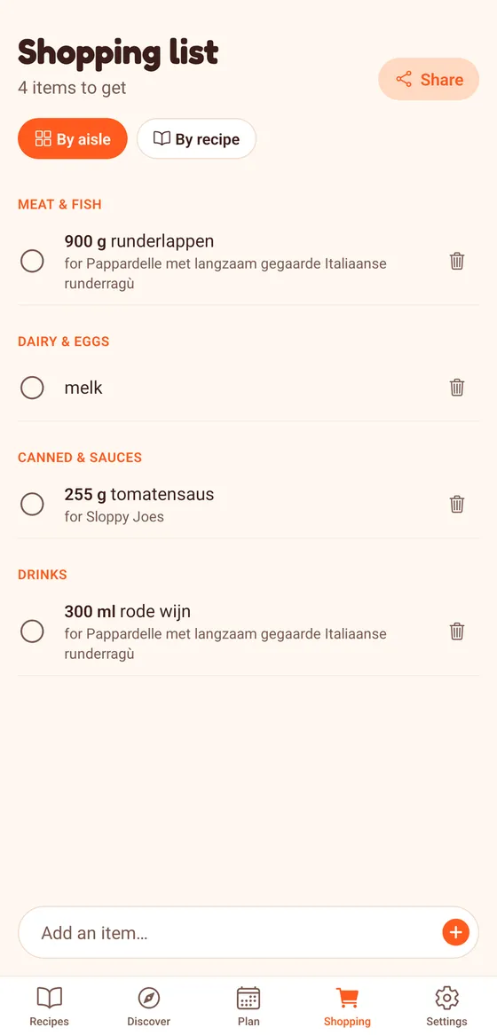 The BromeoCook shopping list, sorted by aisle