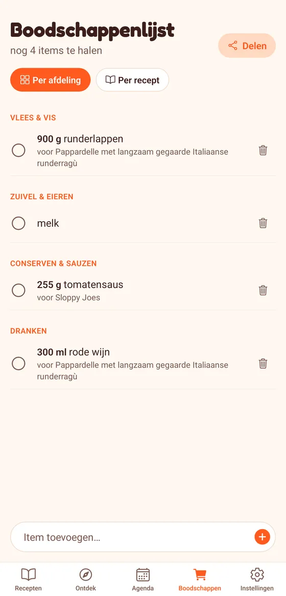 De boodschappenlijst in BromeoCook, gesorteerd per afdeling